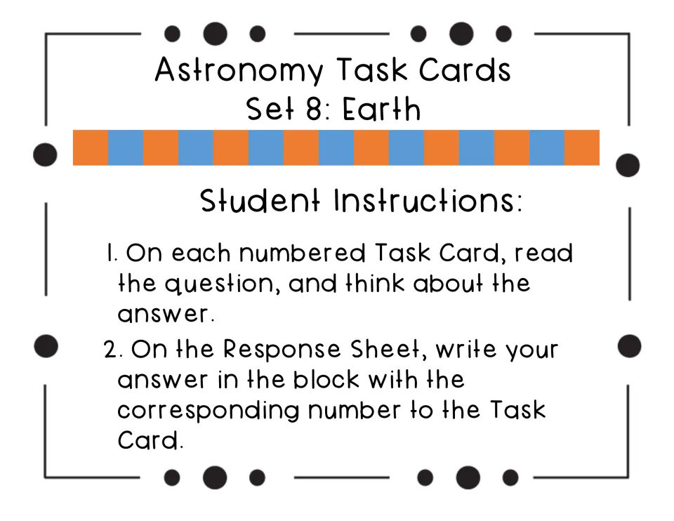 Student instructions: read each numbered card's question, then write the answer in the matching Response Sheet box