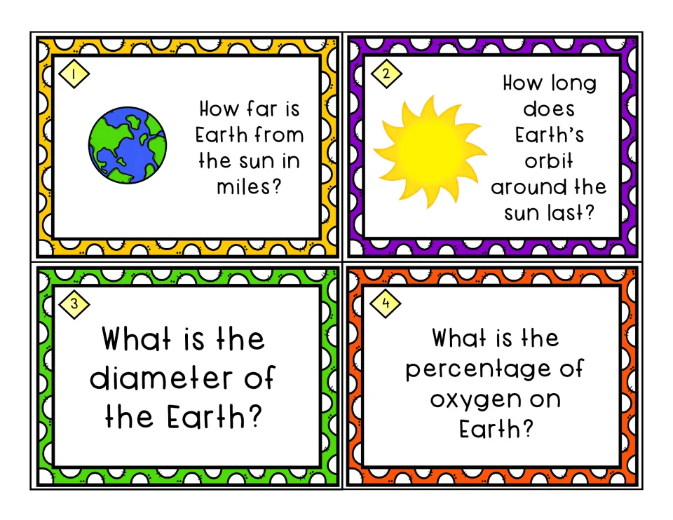 Earth task cards 1–4: distance from the sun in miles, length of Earth's orbit, Earth's diameter, percent oxygen