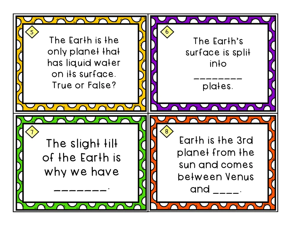 Earth task cards 5–8: liquid water true or false, surface plates, effect of Earth's tilt, planet after Earth