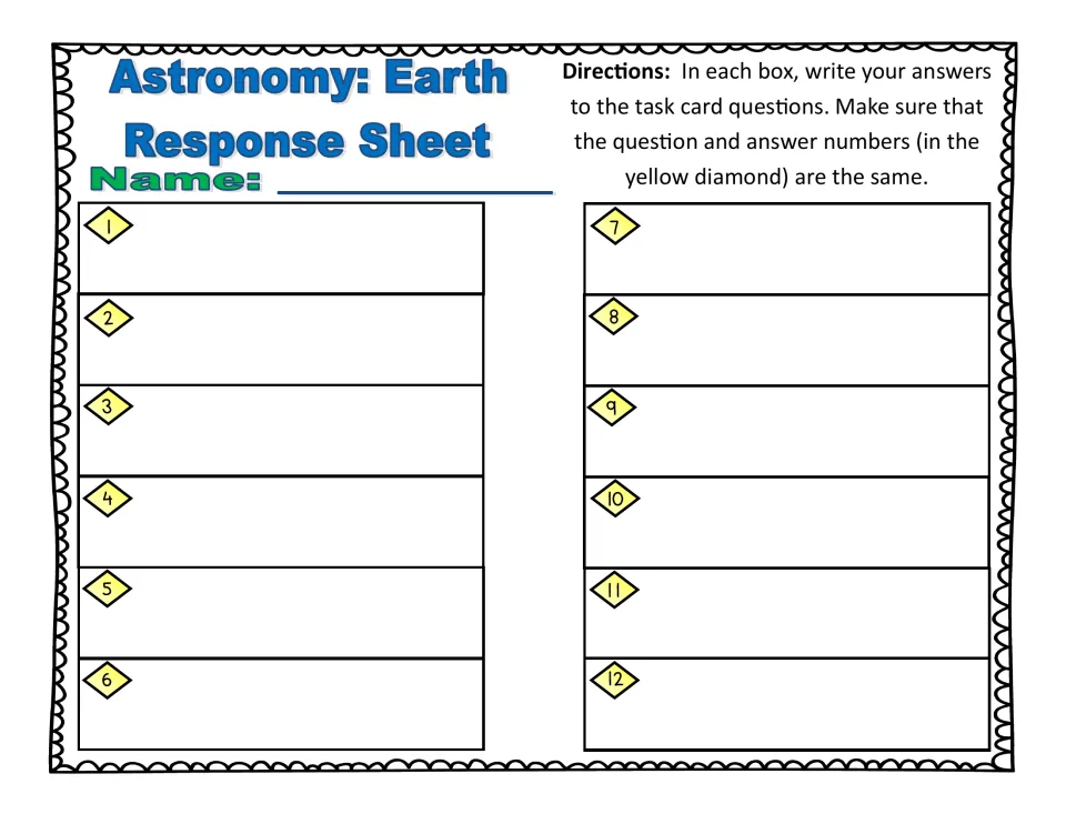 Astronomy: Earth Response Sheet with a name line where students write answers to task card questions 1–12