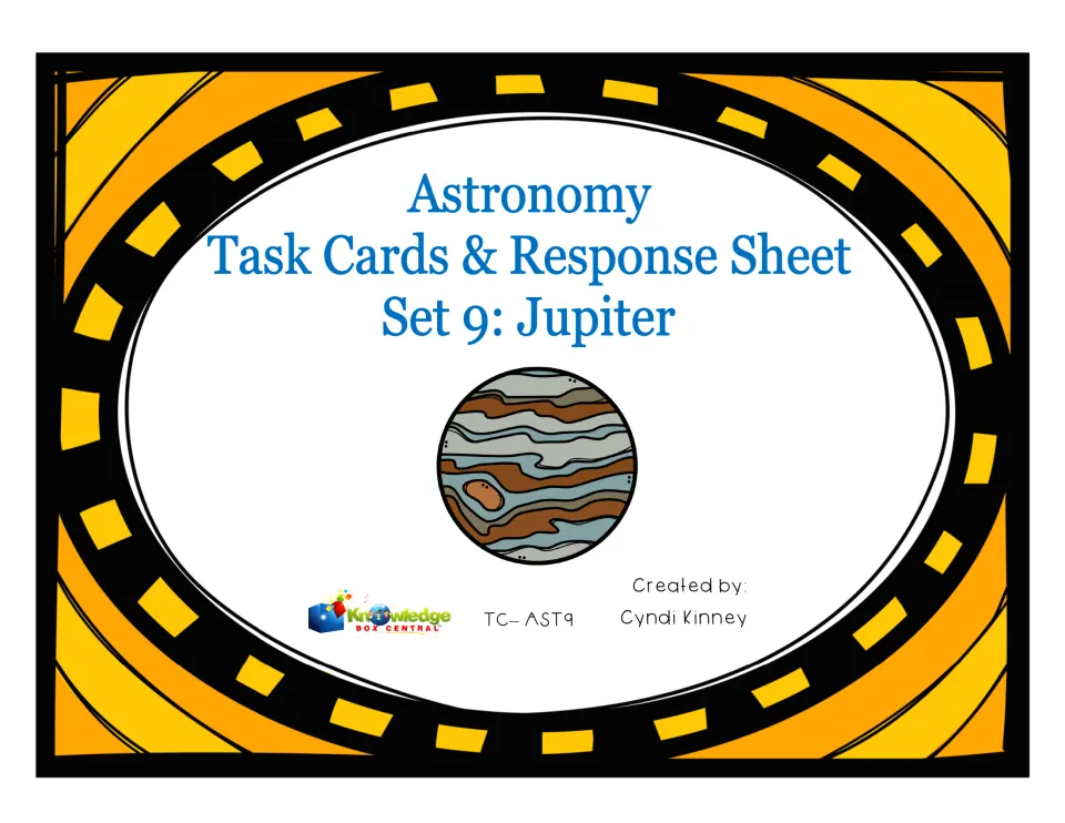 Astronomy Task Cards and Response Sheet, Set 9: Jupiter cover with a drawing of the banded planet