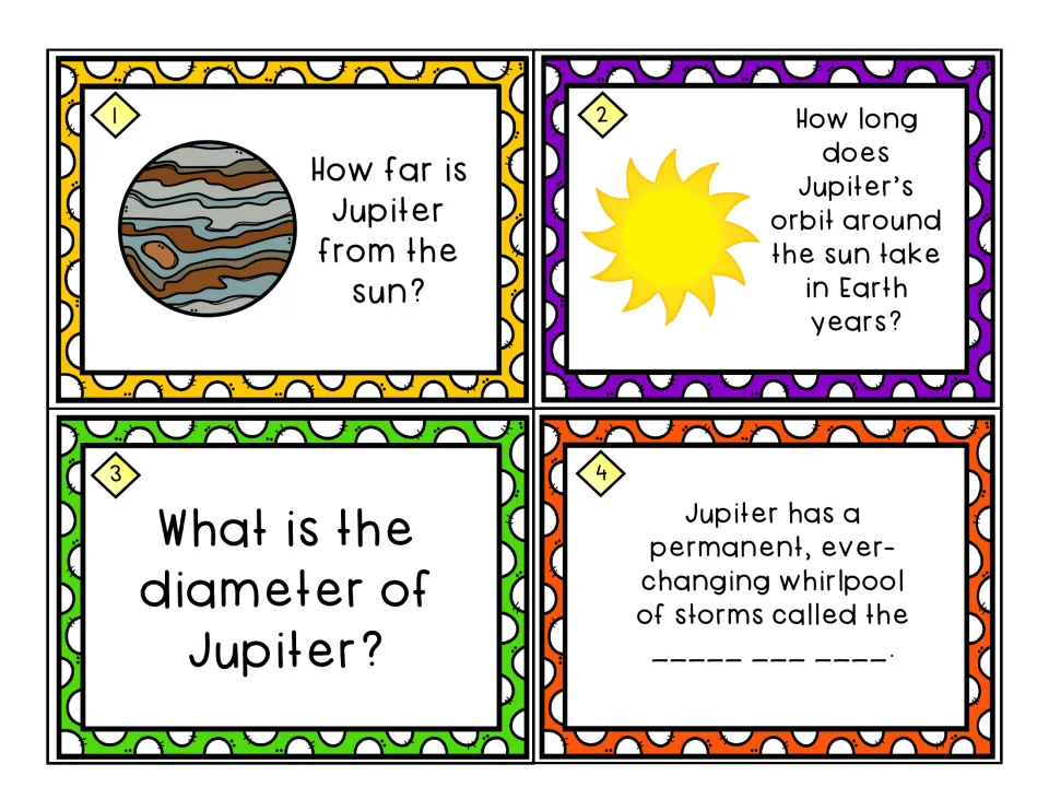 Jupiter task cards 1–4 ask its distance from the sun, orbit time in Earth years, diameter and the name of its storm