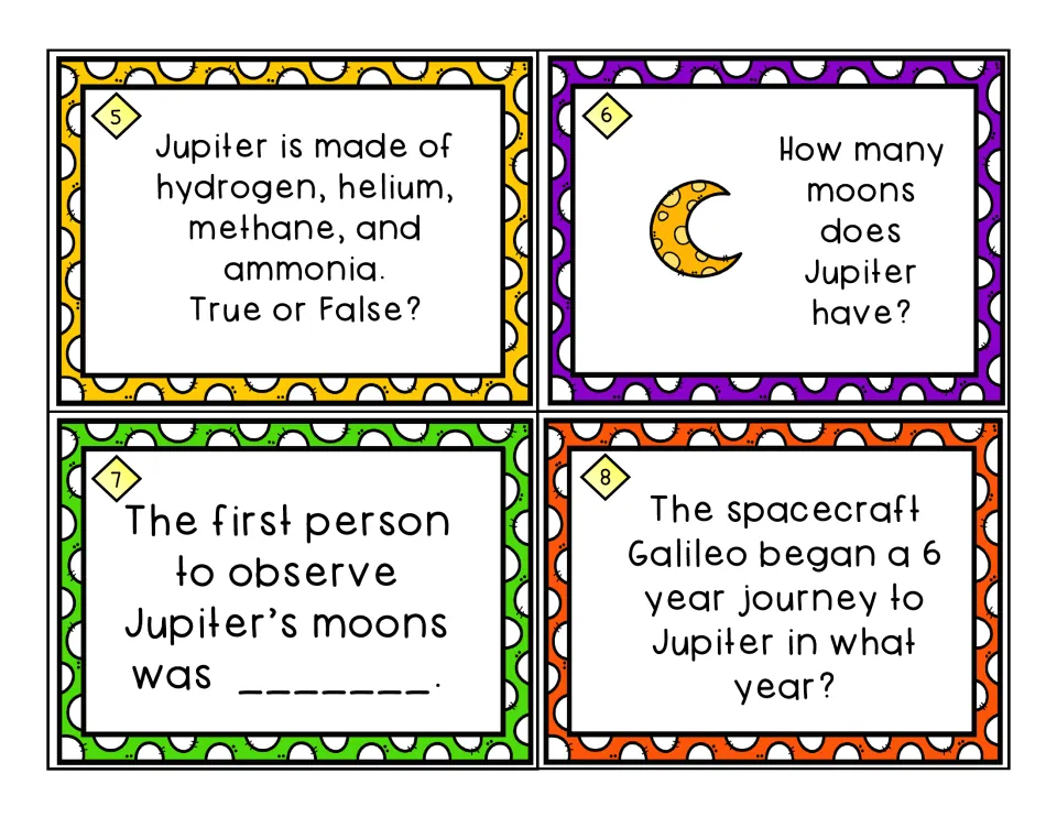 Jupiter task cards 5–8: what it is made of, how many moons, who first saw its moons and the Galileo launch year