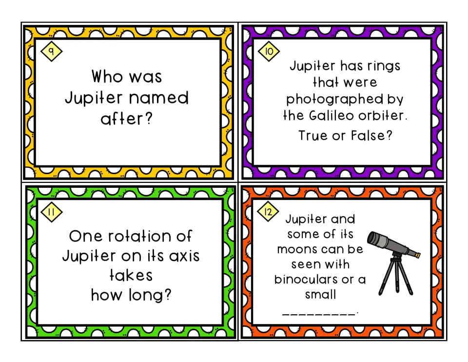 Jupiter task cards 9–12: who it is named for, its rings (true or false), rotation time and what to view it with
