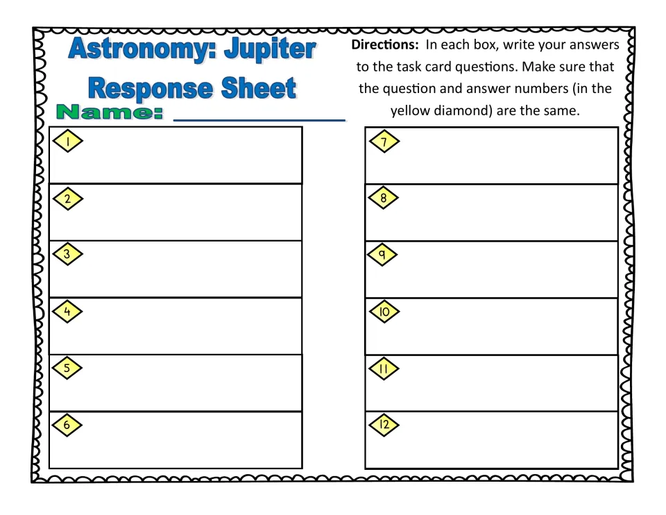 Astronomy: Jupiter Response Sheet with a name line and 12 numbered answer spaces matching the task cards