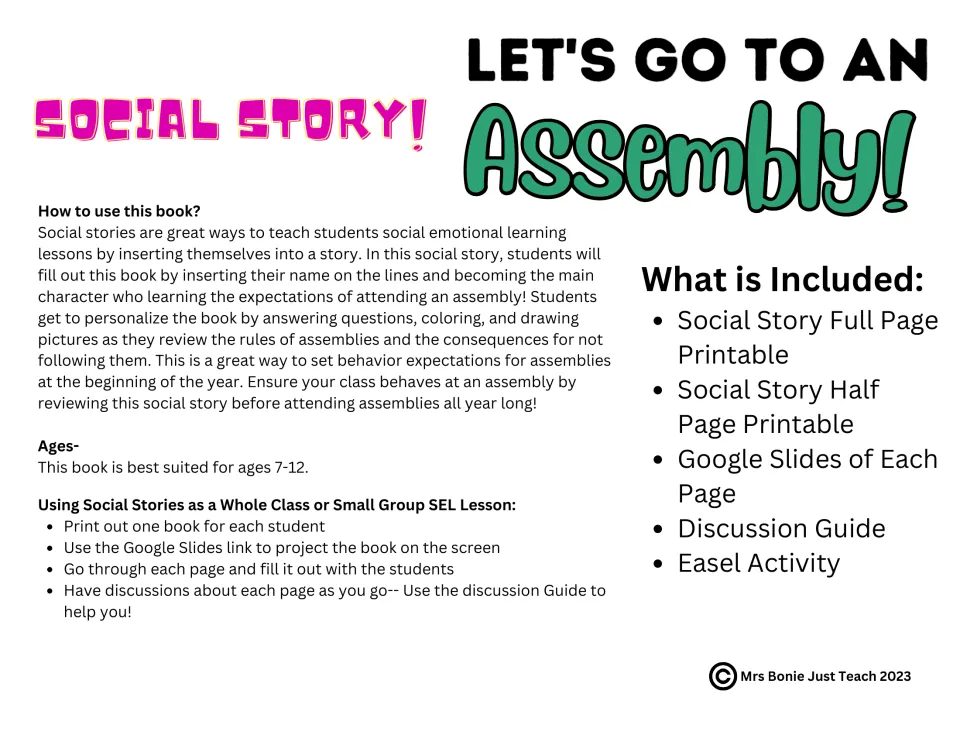 Assembly social story teacher guide: directions for ages 7–12, printable formats, slides, and discussion guide