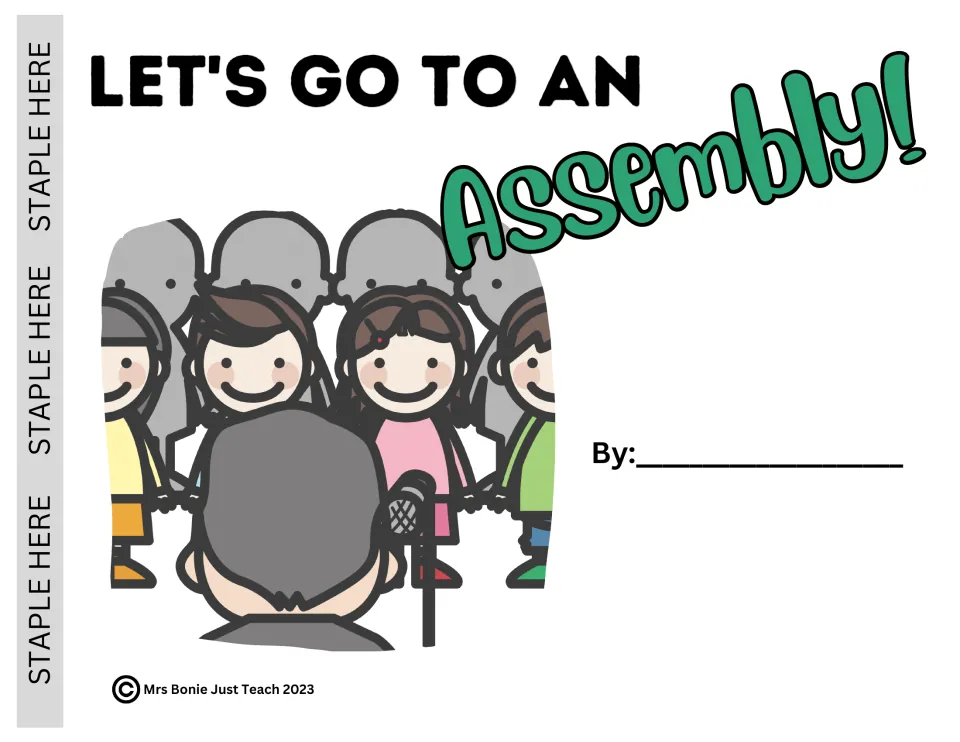 Assembly social story cover titled “Let's Go to an Assembly!” with a student author prompt and an audience