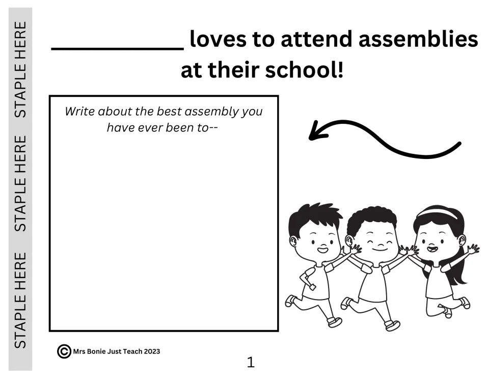 Assembly social story page 1: students add their name and write about the best assembly they have attended