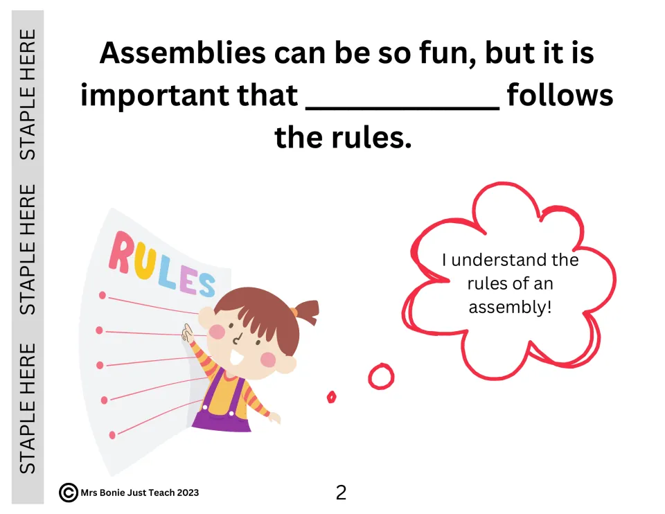 Assembly social story page 2: a personalized sentence about following rules and “I understand the rules”