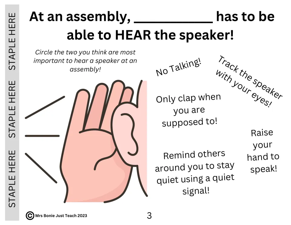 Assembly social story page 3: students circle two rules that help them hear the speaker, such as no talking