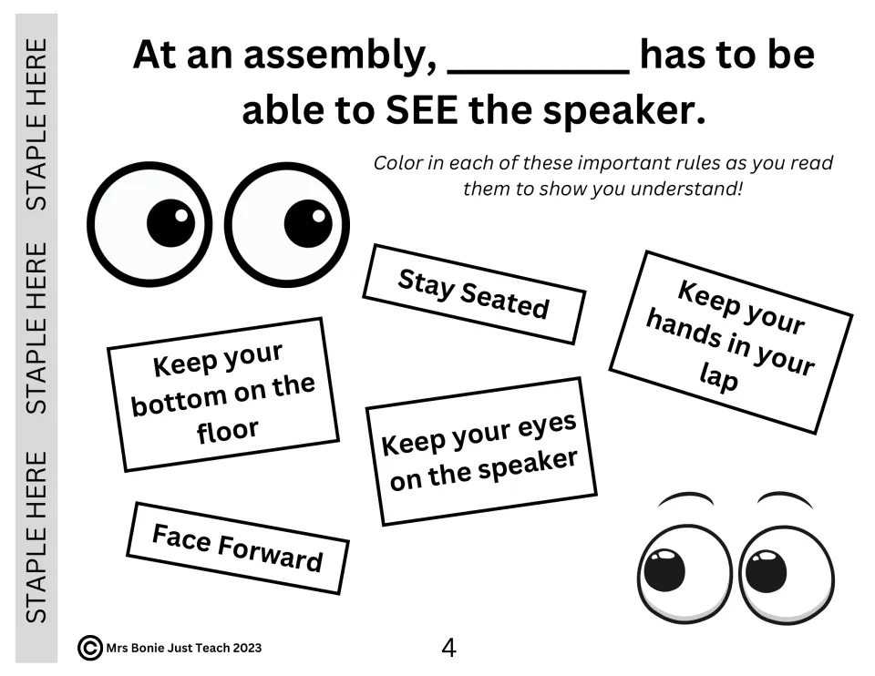 Assembly social story page 4: students color five rules for seeing the speaker, including staying seated