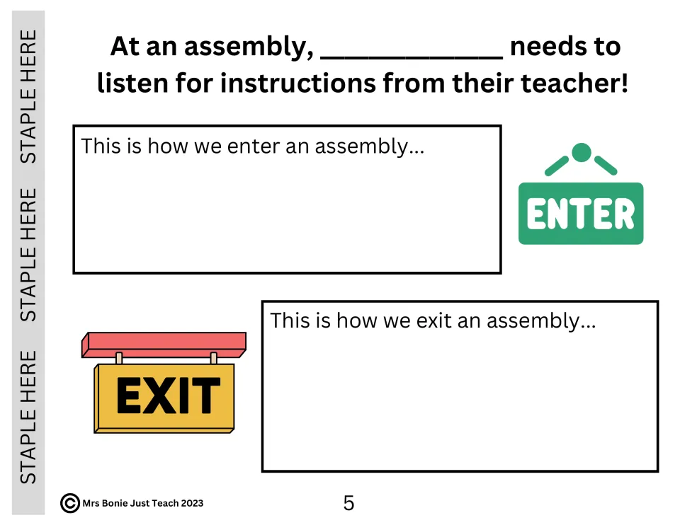 Assembly social story page 5: students describe how to enter and exit while following teacher instructions