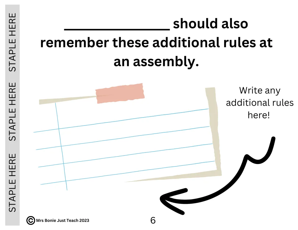 Assembly social story page 6: students add their name and write additional assembly rules to remember