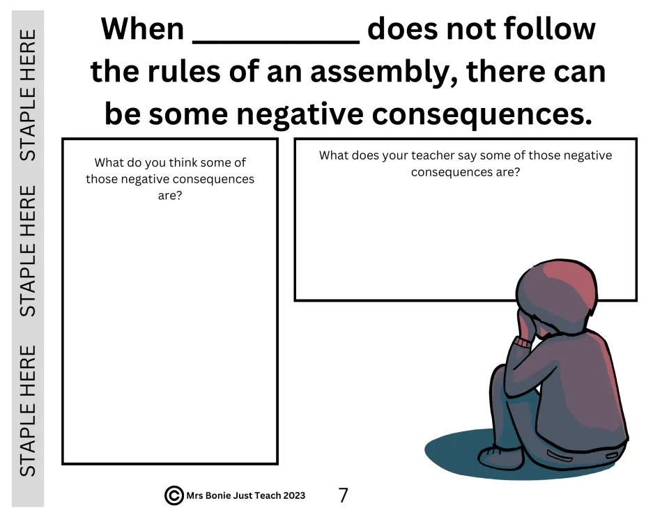 Assembly social story page 7: students record their own and their teacher's ideas about consequences