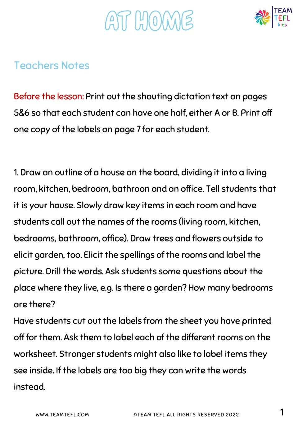 At Home teacher notes: prep for the shouting dictation, then drawing a house on the board to elicit and drill room names