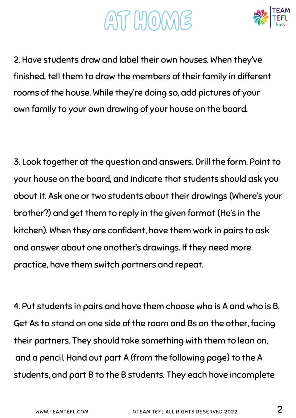 Teacher notes steps 2 to 4: students draw family at home, pair-practise Where's your brother? and set up the dictation