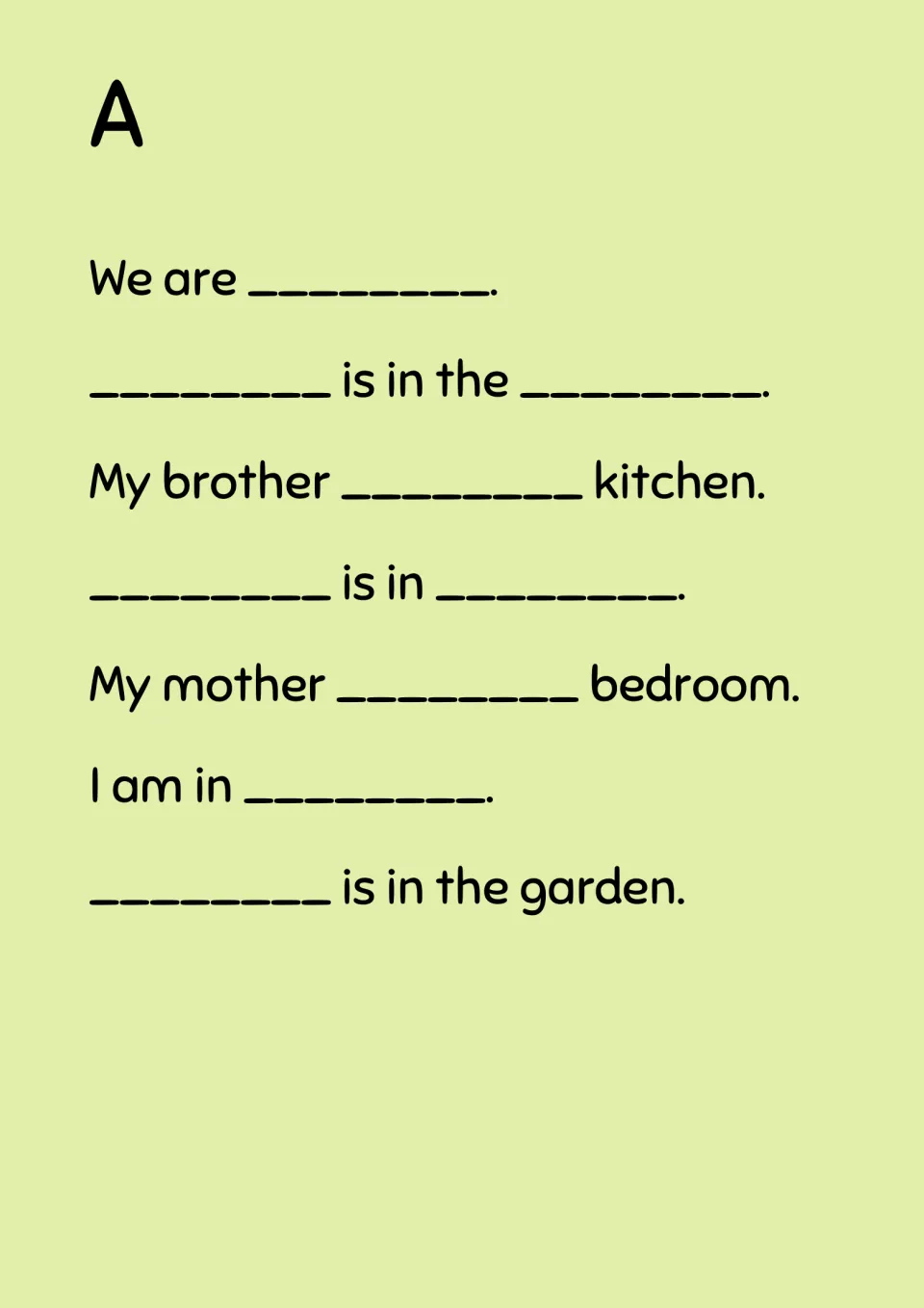 Shouting dictation part A: seven gapped sentences about who is in which room, completed by trading words with partner B