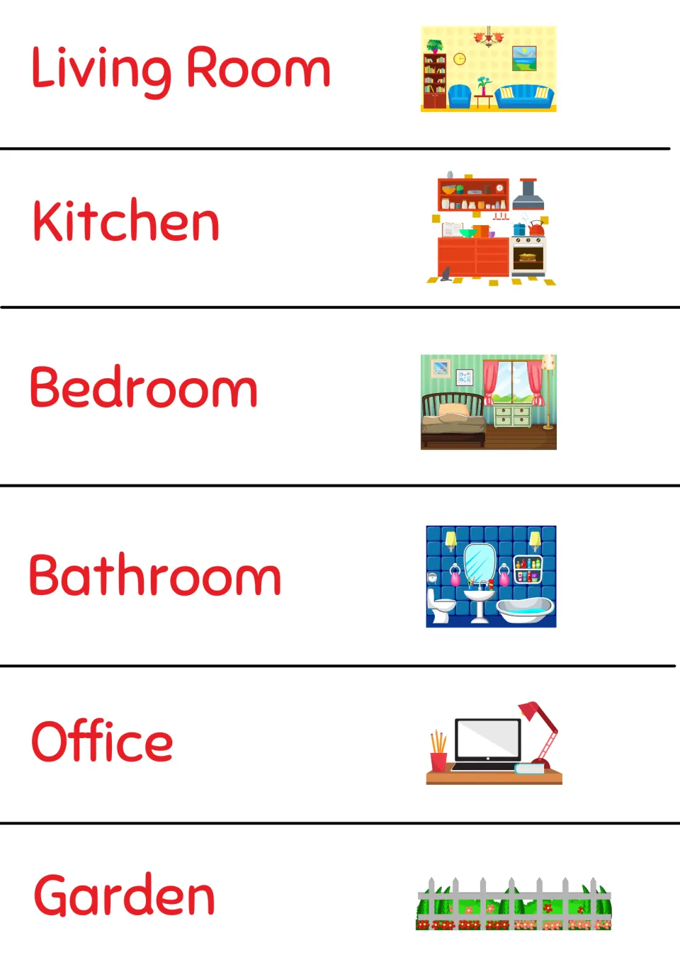 Room labels to cut out: living room, kitchen, bedroom, bathroom, office and garden, each with a matching room picture