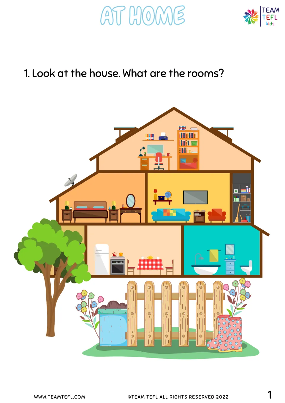 Rooms of a house: students look at a cutaway house picture and name each room, from the office and bedroom to the garden