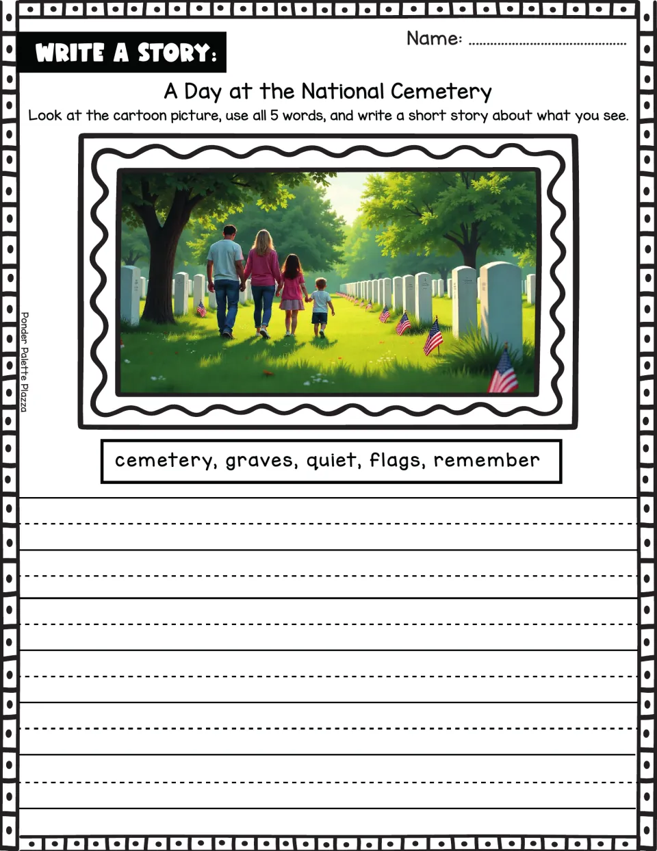Story prompt: a family visits a national cemetery; use cemetery, graves, quiet, flags, and remember.