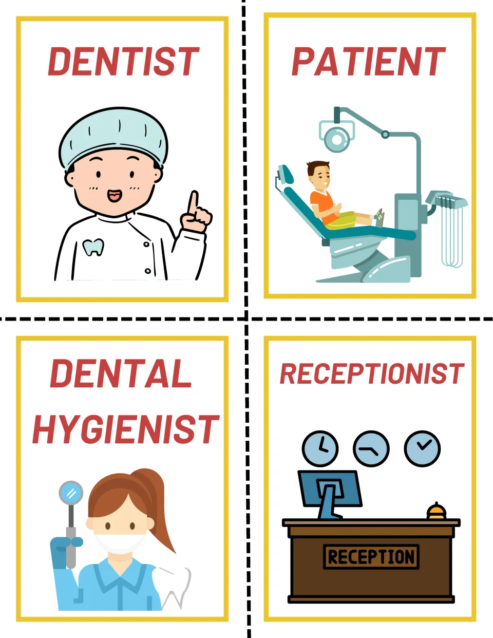 Role cards for pretend play: Dentist, Patient, Dental Hygienist and Receptionist, each with a picture of the role
