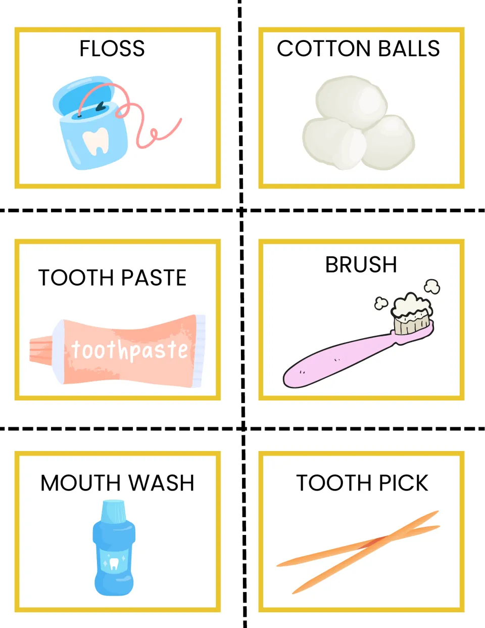 Dental supply cards labeled floss, cotton balls, toothpaste, brush, mouthwash and toothpick, each with a picture