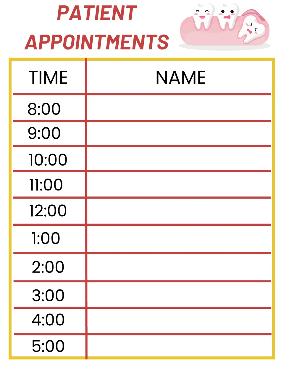 Patient appointments sheet: students write patient names next to hourly times from 8:00 to 5:00 at the front desk