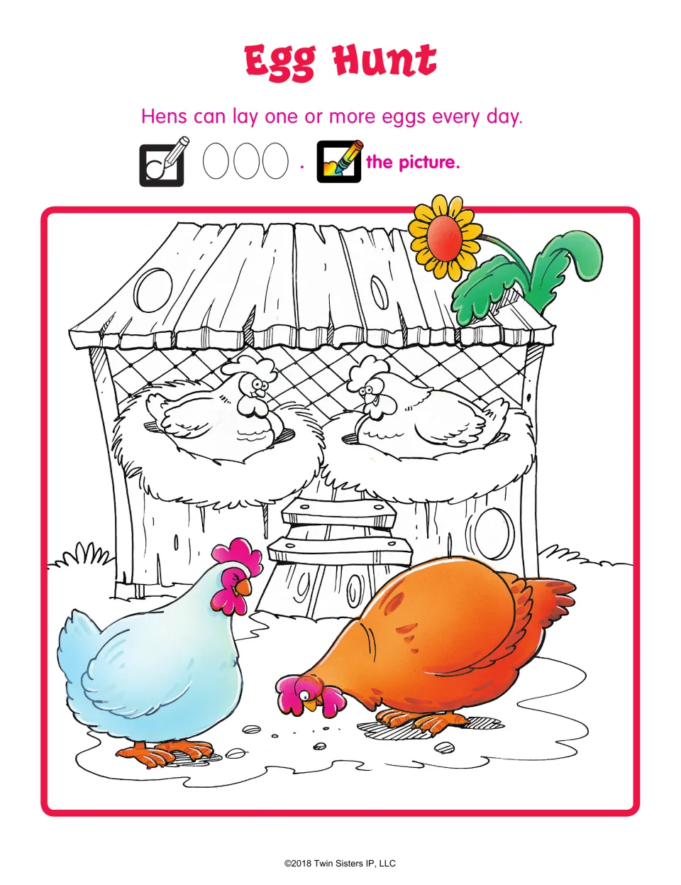 Egg Hunt hidden picture: students find and circle three eggs hidden in a henhouse scene with hens, then color the picture