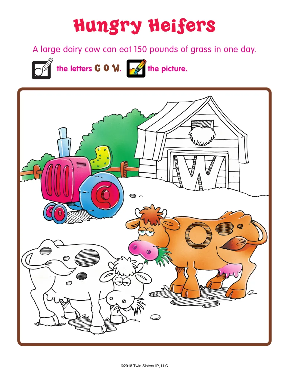 Hungry Heifers: students search a farmyard with two cows, a tractor and a barn to circle the letters C, O and W, then color