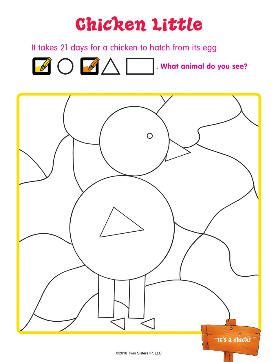 Chicken Little shape puzzle: students color circles yellow and triangles orange to reveal a hidden chick