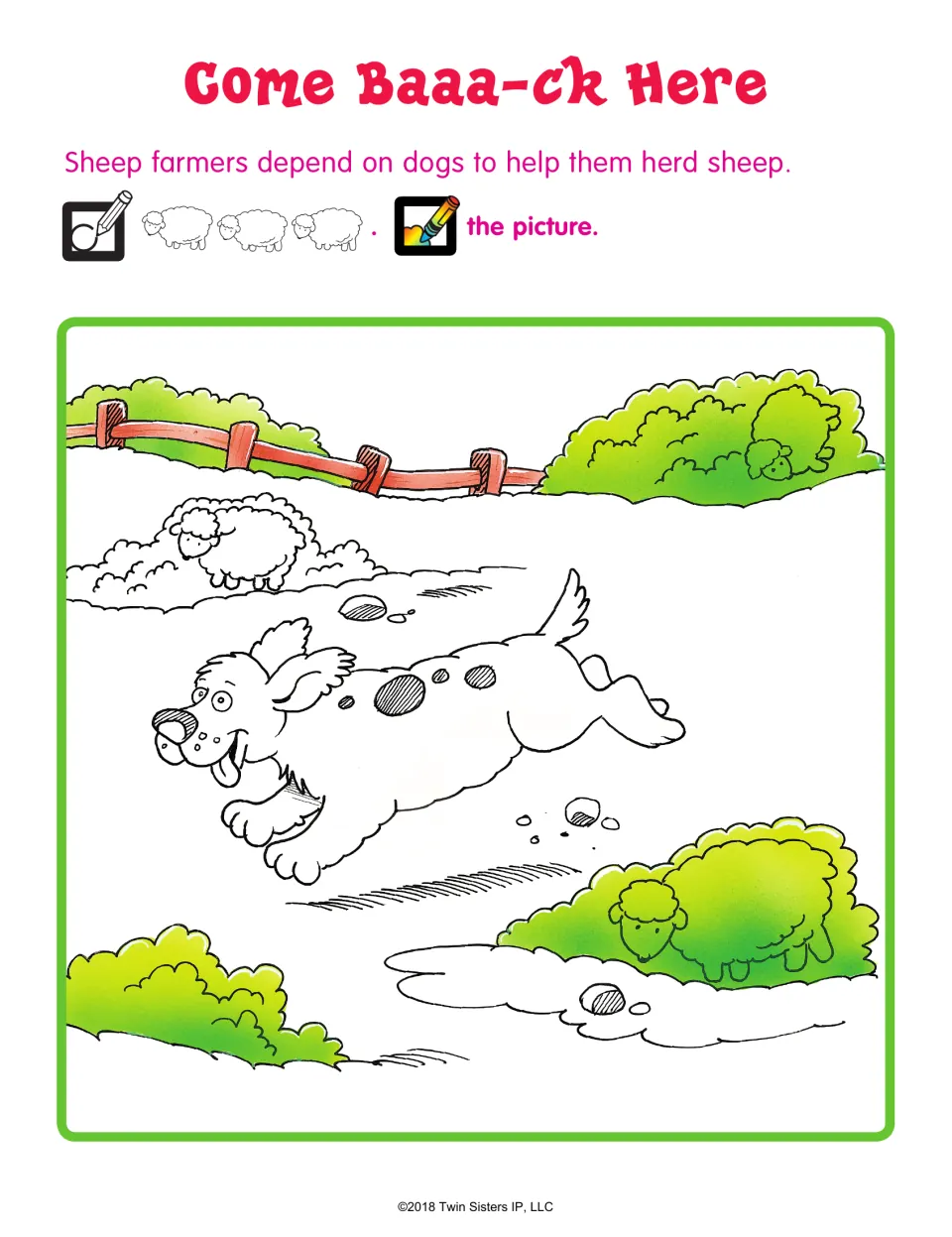 Come Baaa-ck Here: students find three sheep hidden in bushes and fields around a running sheepdog, circle them, then color