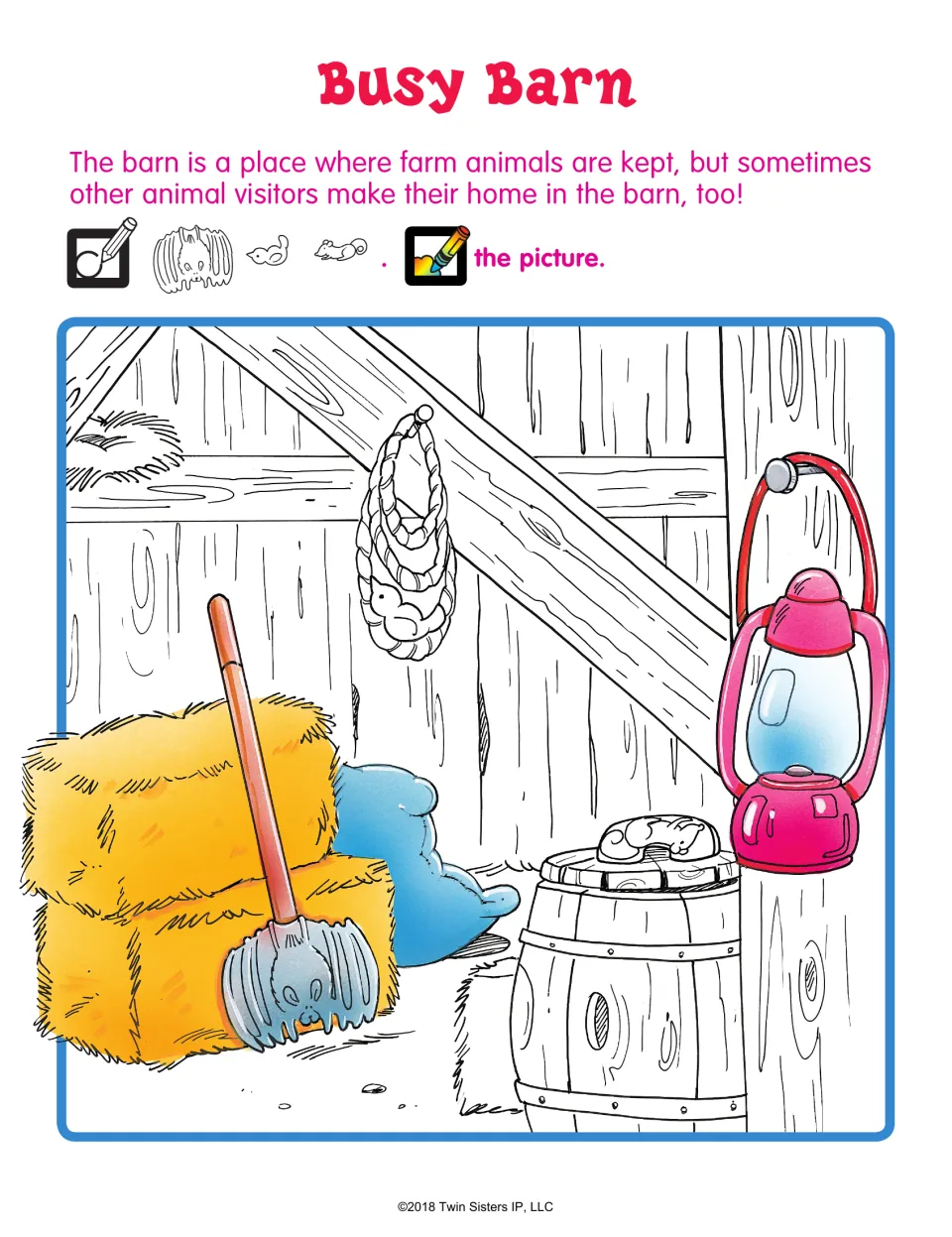 Busy Barn: students find a bat, a bird and a mouse hiding among hay bales, a lantern and a barrel, then color it