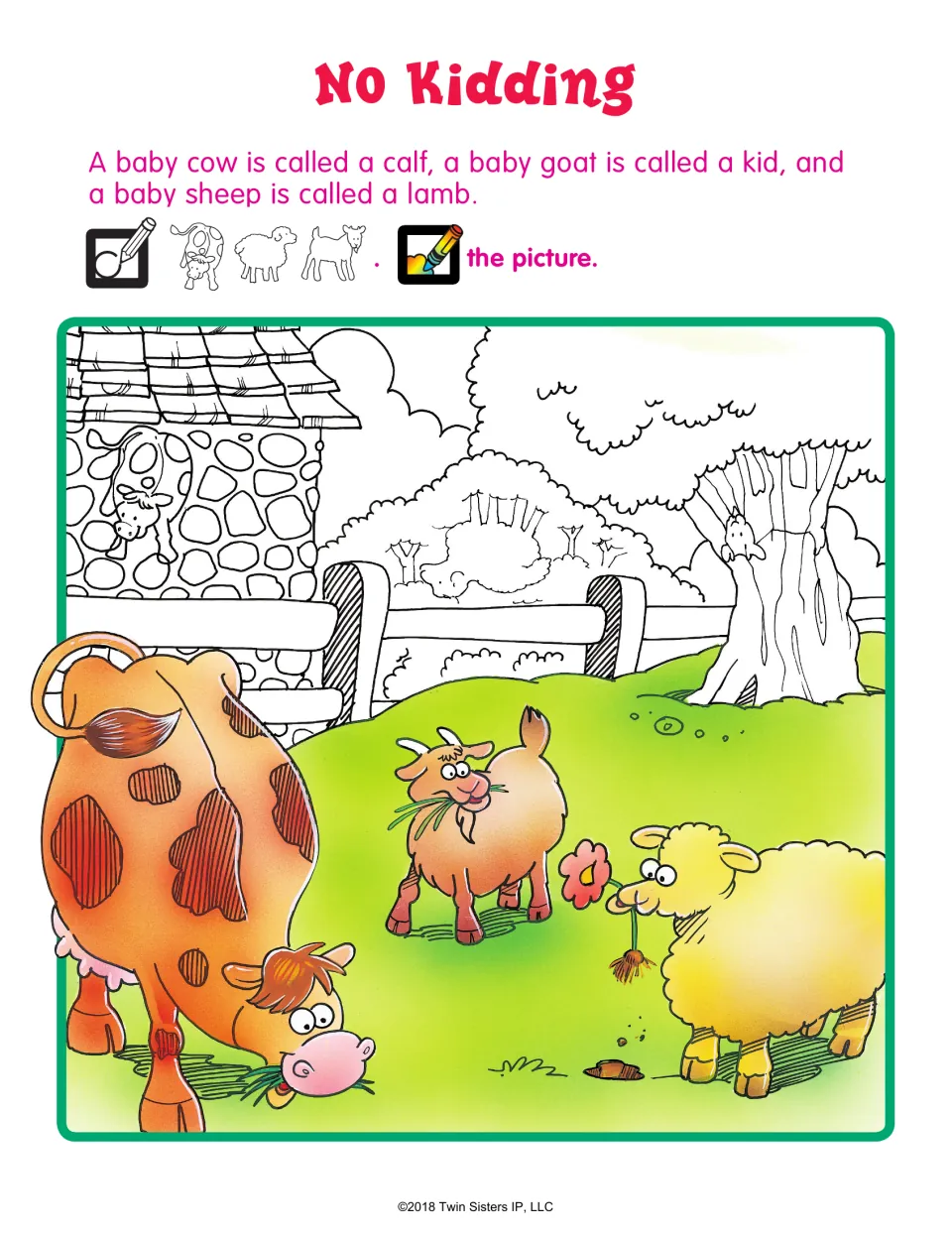 No Kidding: students find a hidden calf, lamb and kid goat in a pasture with a cow, goat and sheep, then color the picture