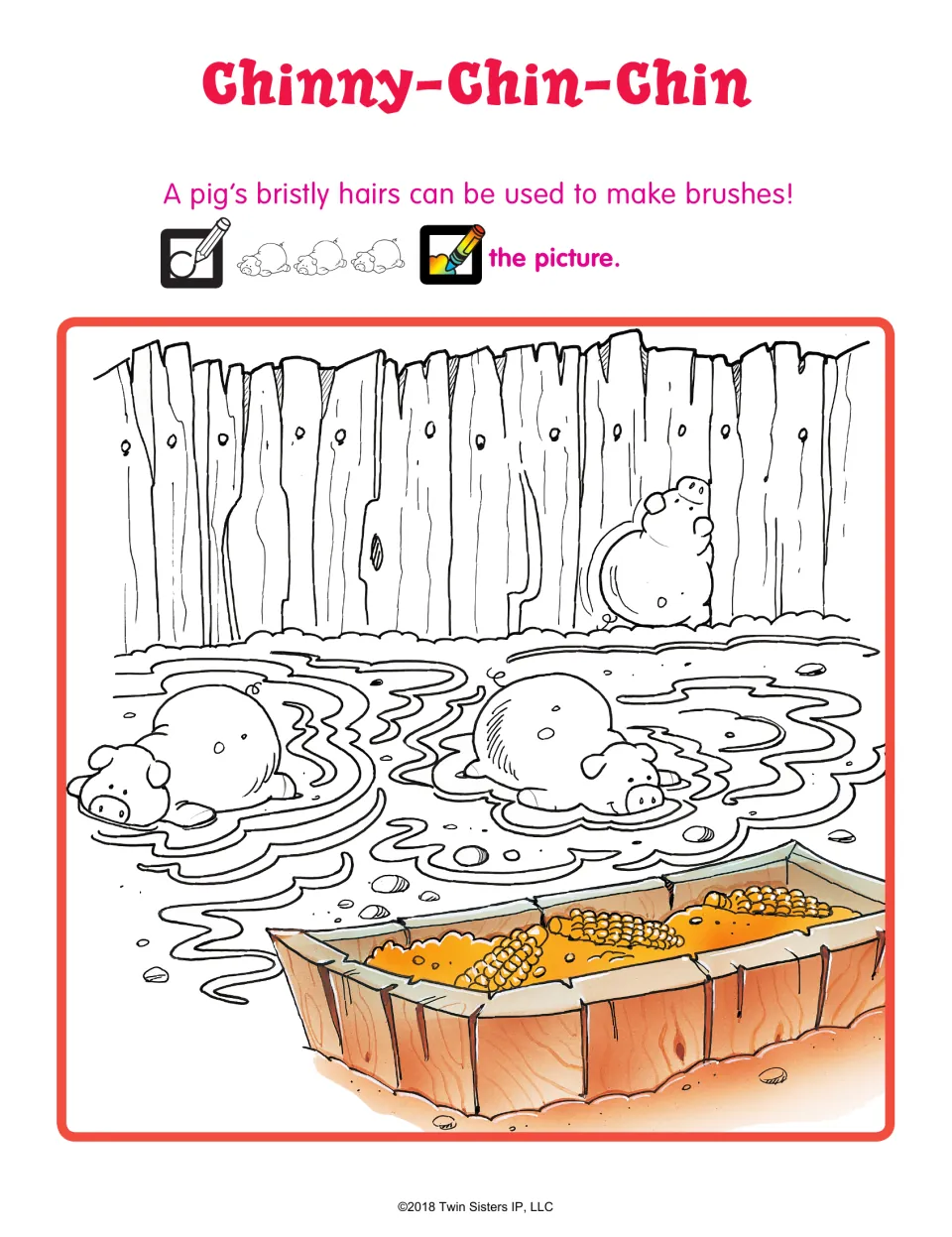 Chinny-Chin-Chin: students find three pigs hidden in a muddy pen beside a fence and a corn trough, then color the scene