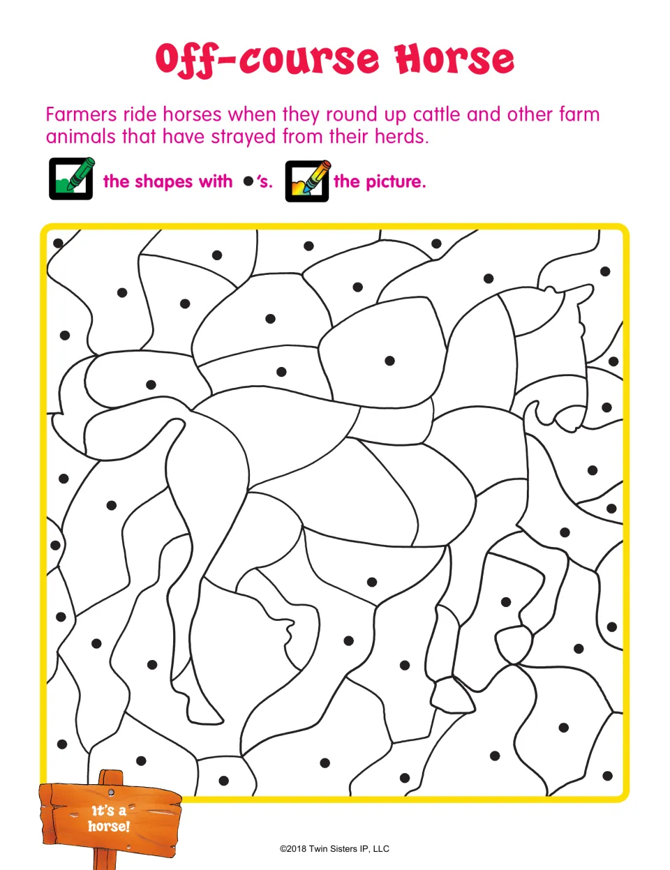 Off-course Horse: students color every shape marked with a dot green to reveal a hidden horse, then color the rest