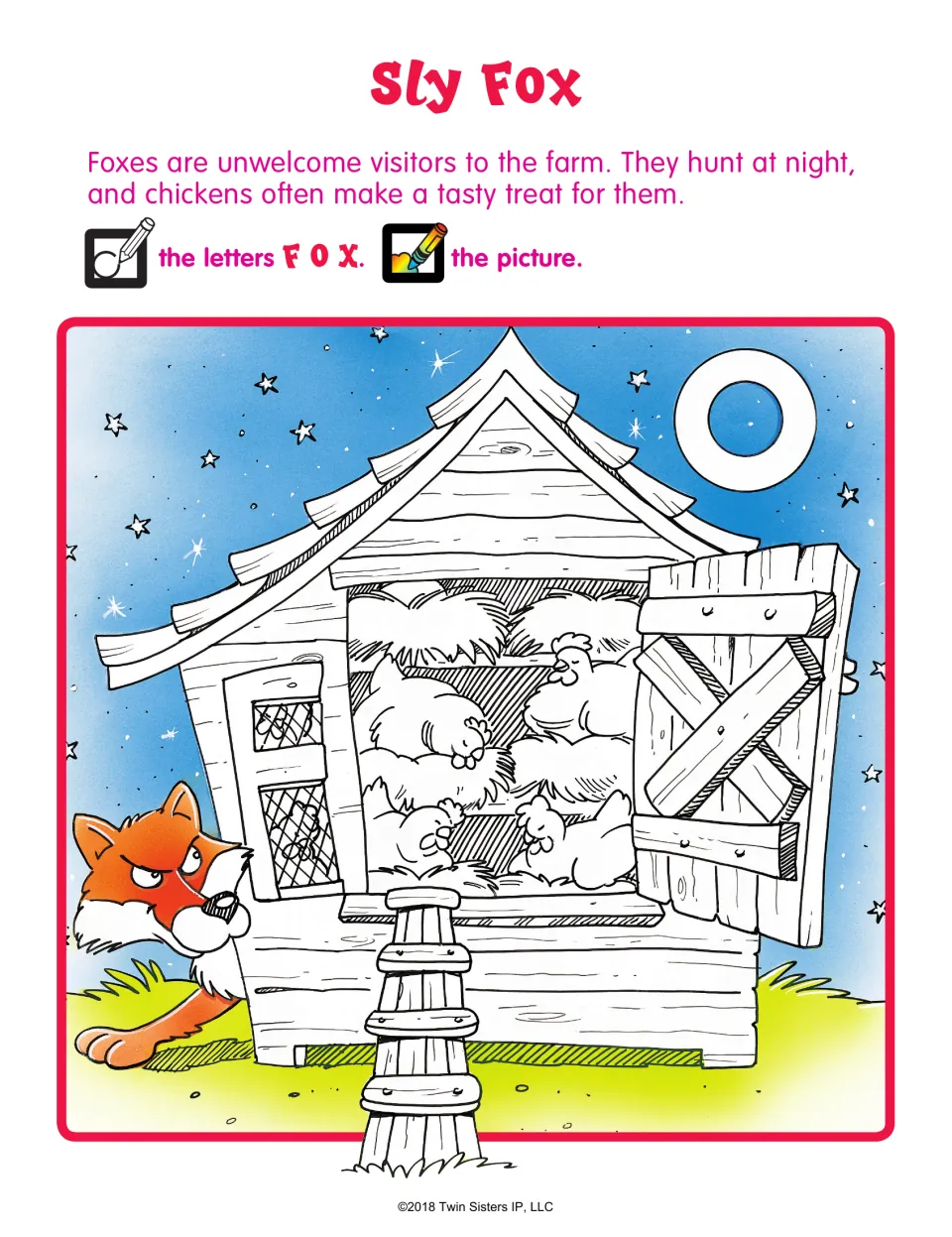 Sly Fox: students circle the letters F, O and X hidden in a night scene of a fox sneaking up on a henhouse, then color it