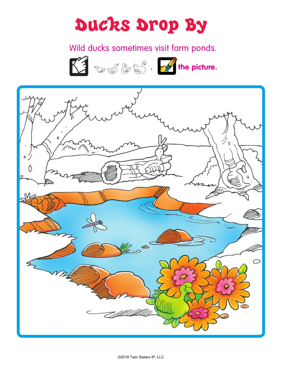 Ducks Drop By: students find four ducks hidden in a farm pond scene of logs, trees and flowers, then color it