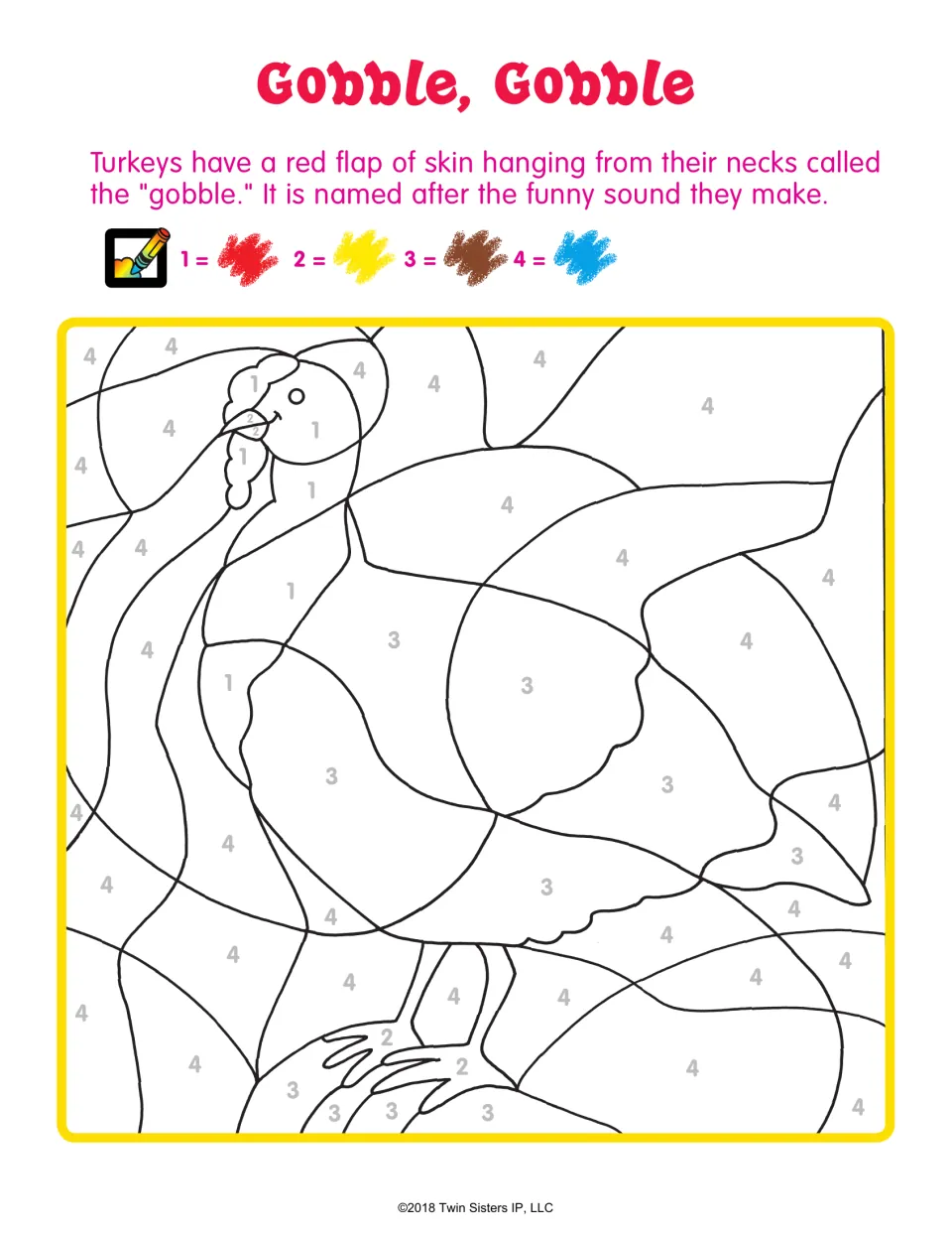 Gobble, Gobble: color-by-number turkey where 1 is red, 2 yellow, 3 brown and 4 blue, with a fact about the gobble