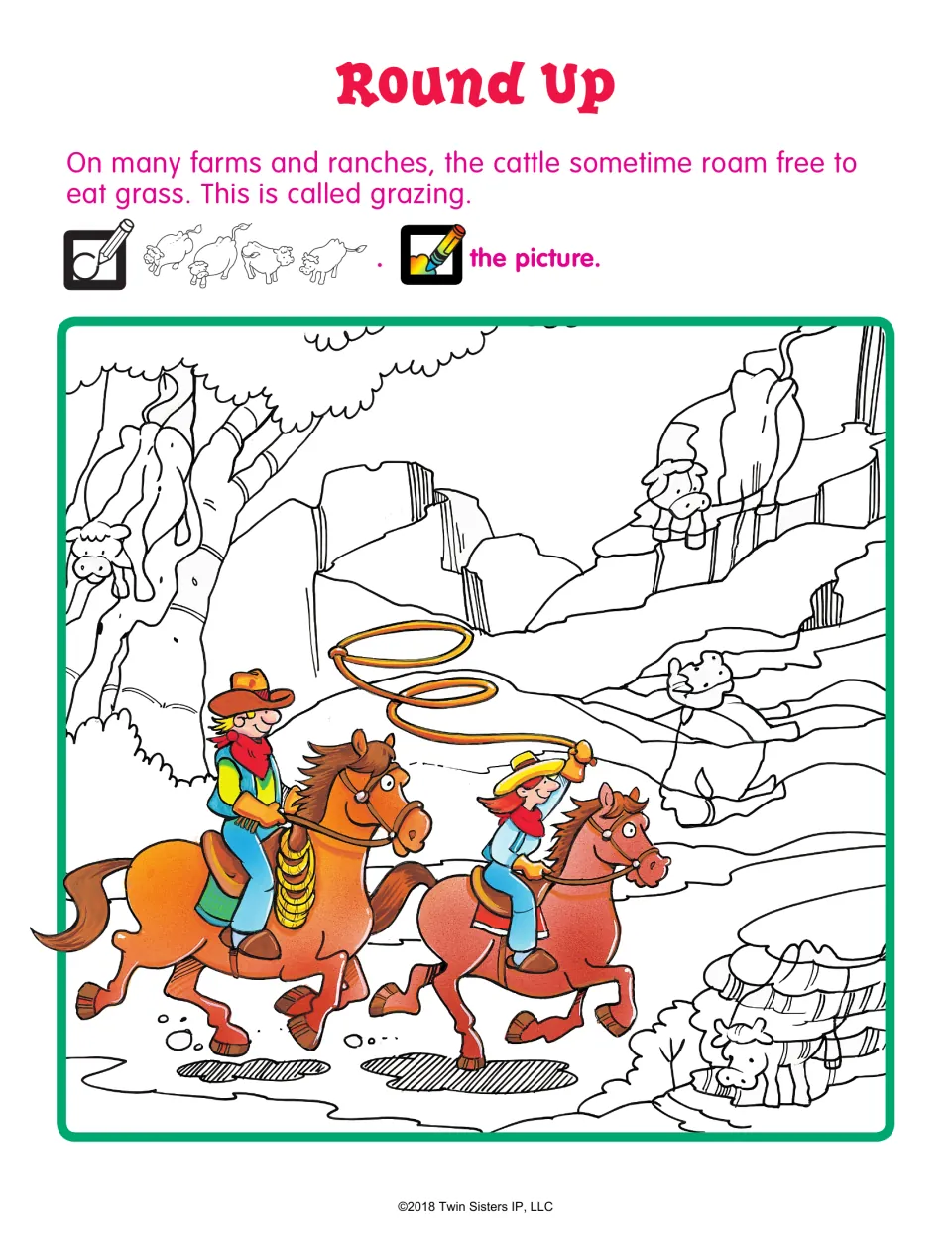 Round Up: students spot four cattle hidden in a ranch scene with two riders on horseback, then color the picture
