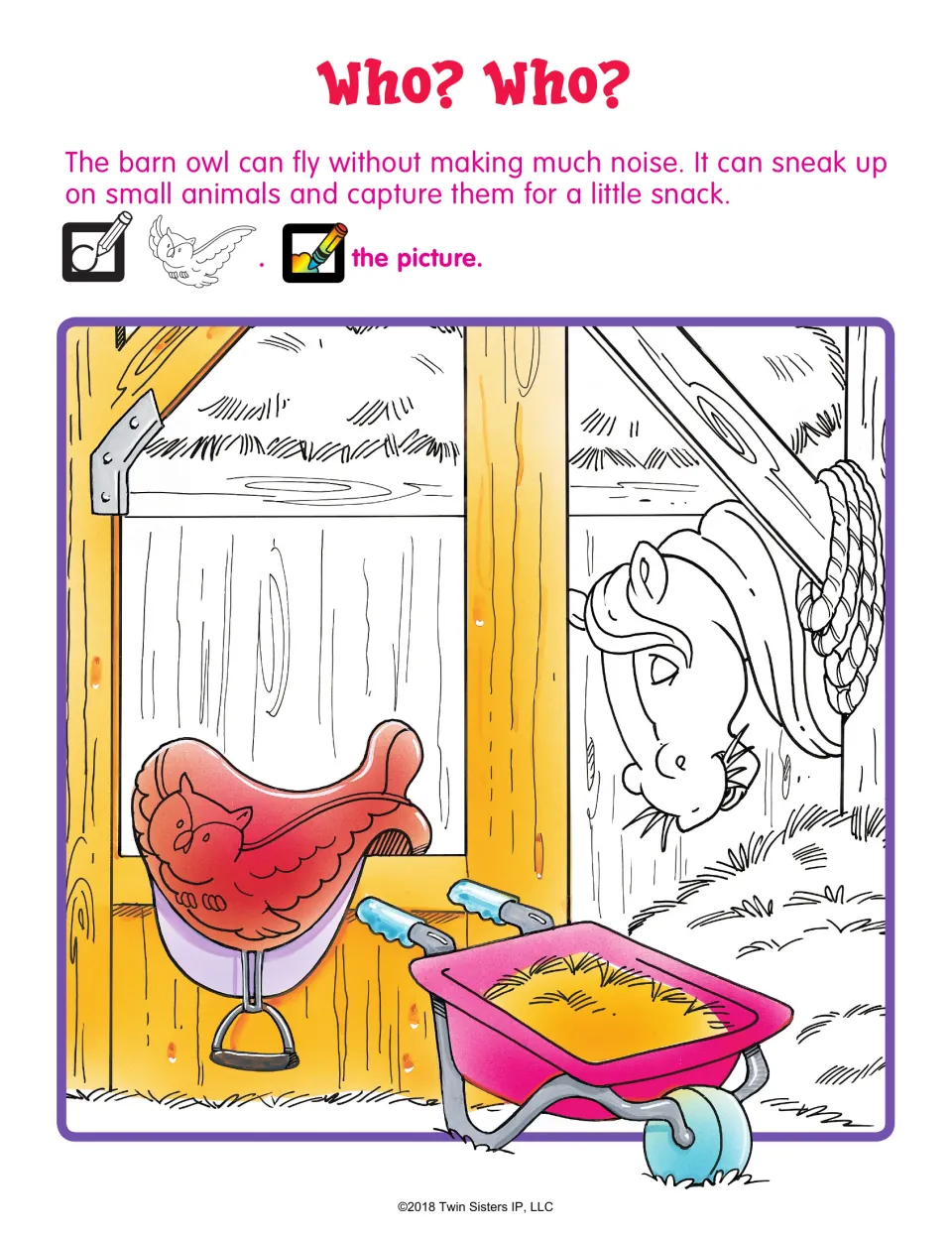 Who? Who?: students find a barn owl hidden in a stable scene with a saddle, wheelbarrow and horse, then color it