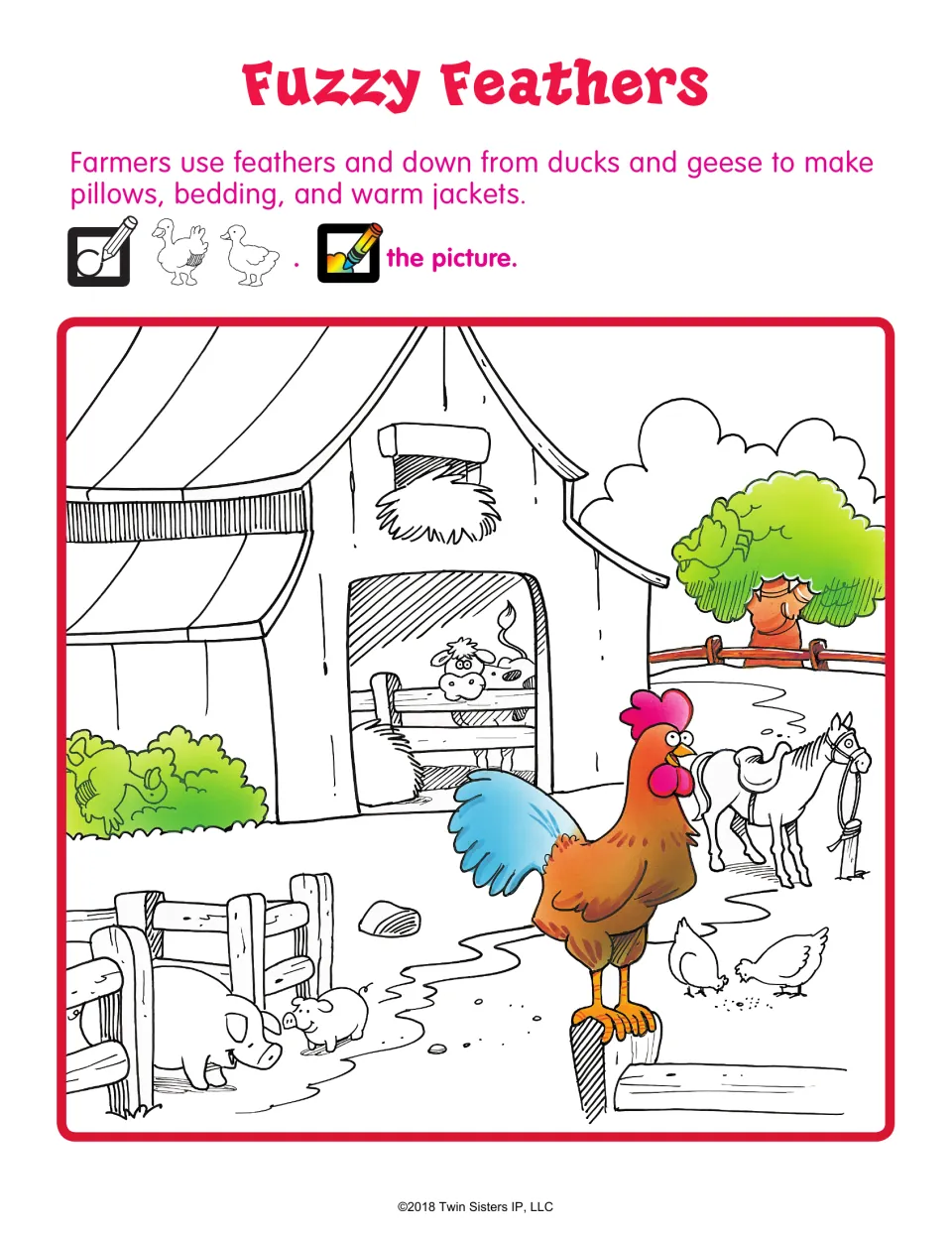 Fuzzy Feathers: students look for two hidden ducks in a barnyard with a rooster, pigs, hens and a horse, then color