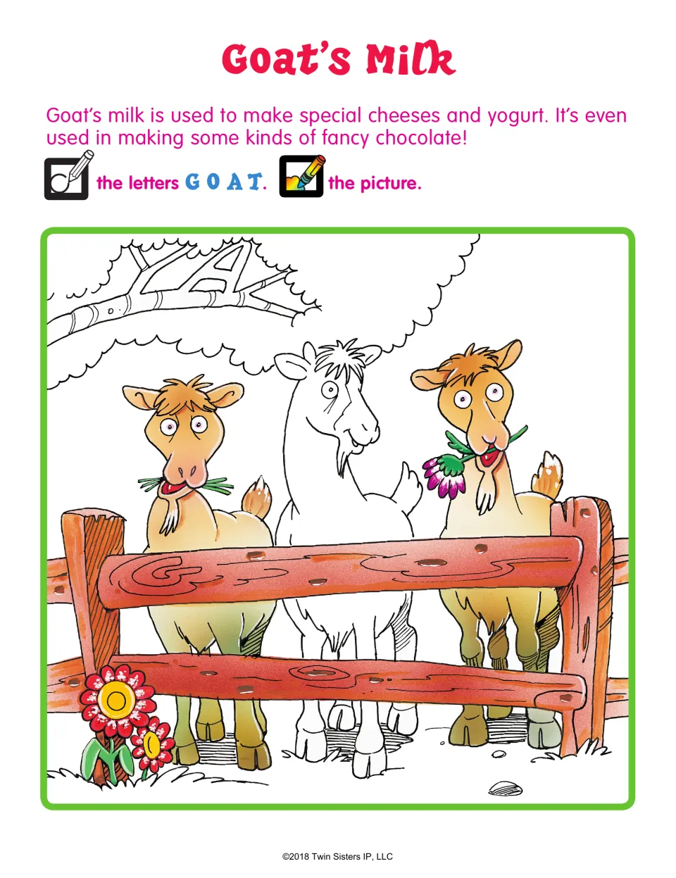 Goat's Milk: students find the letters G, O, A and T hidden in a scene of three goats at a fence, then color it