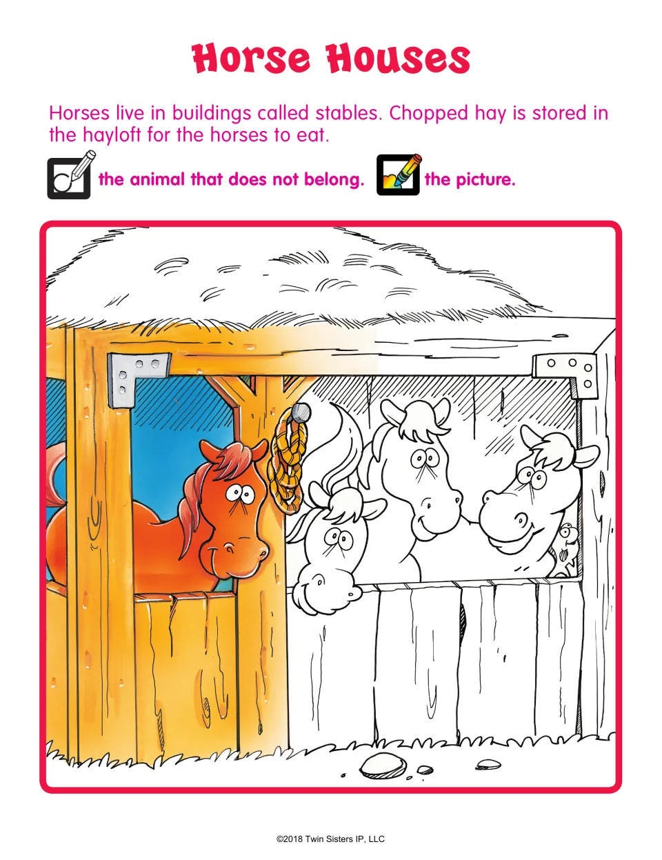 Horse Houses: four horses look out of a stable; students circle the animal that does not belong, then color it