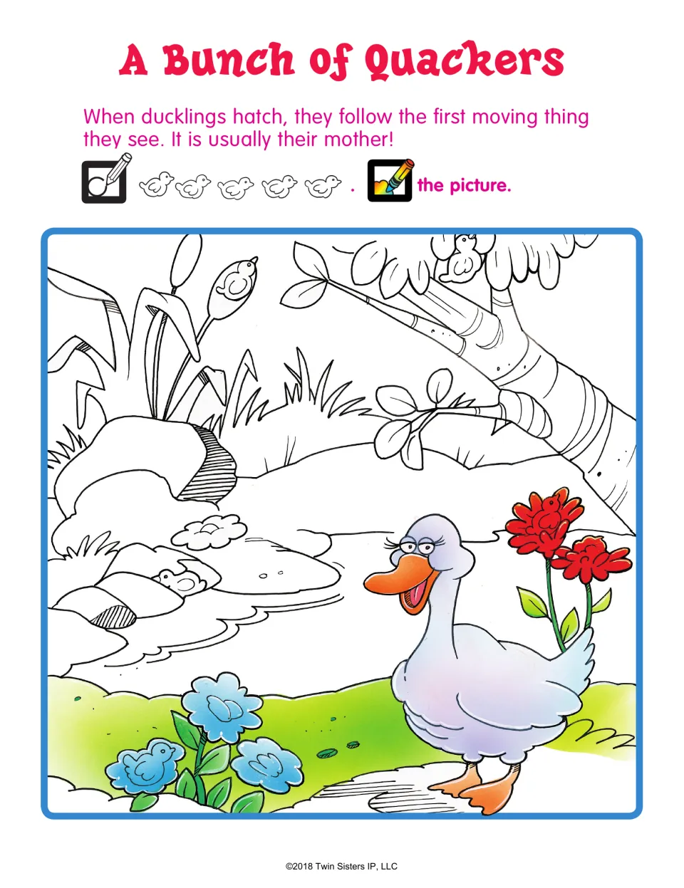 A Bunch of Quackers: students find five ducklings hidden near a pond with a mother duck, then color the scene