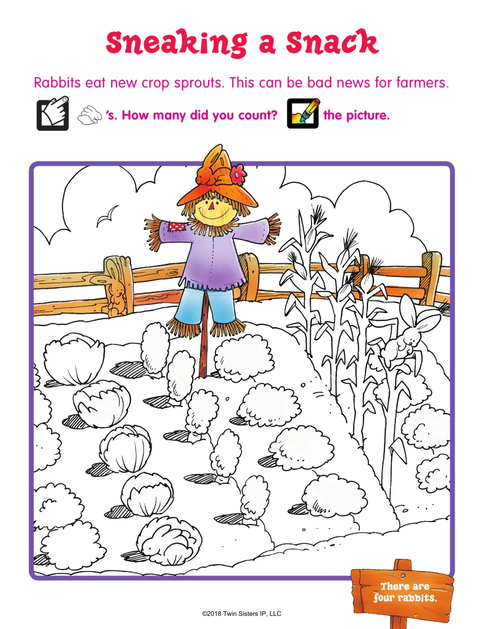 Sneaking a Snack: students find and count rabbits hidden in a scarecrow's vegetable garden; a sign gives the answer, four
