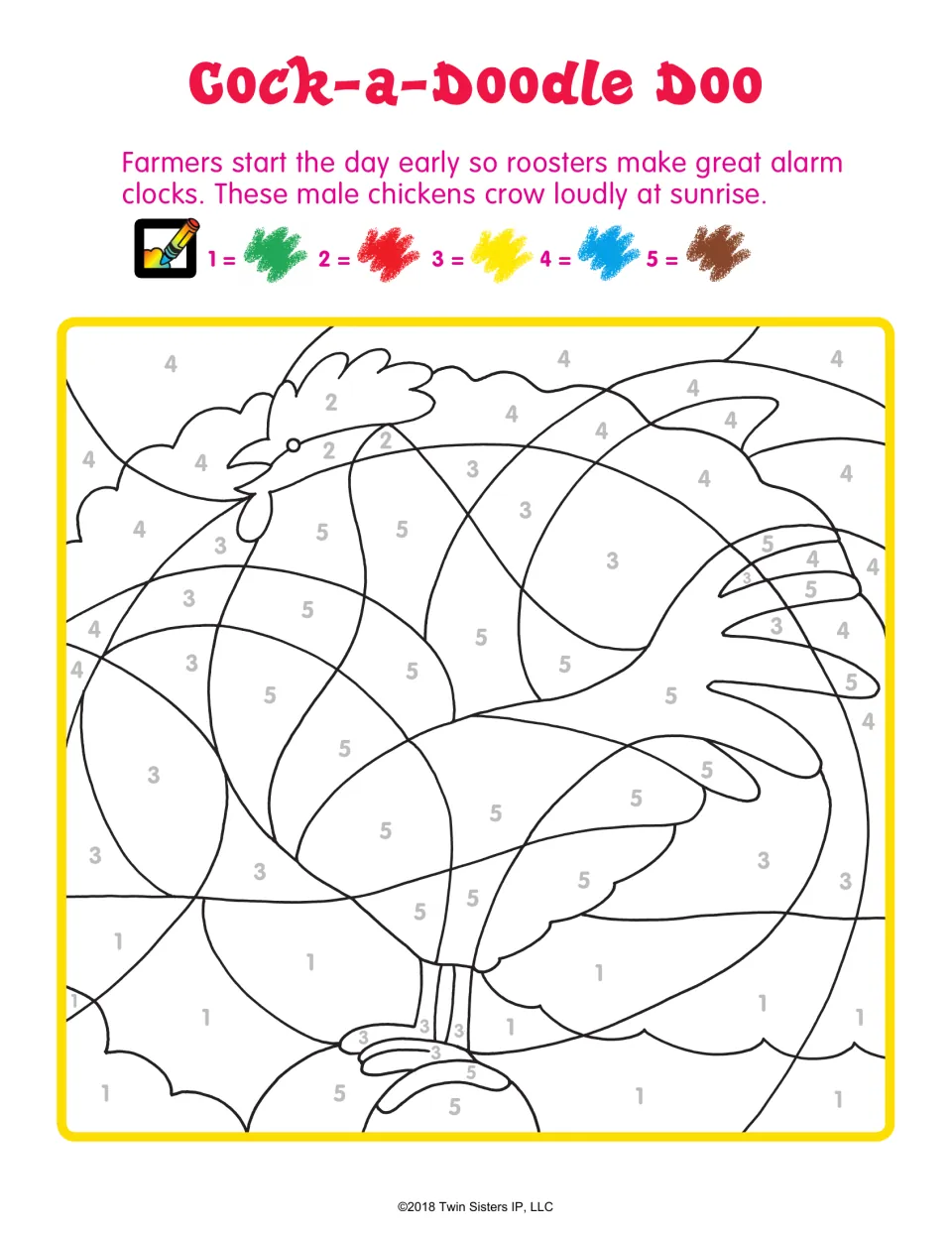 Cock-a-Doodle Doo: color-by-number rooster using a key of 1 green, 2 red, 3 yellow, 4 blue and 5 brown