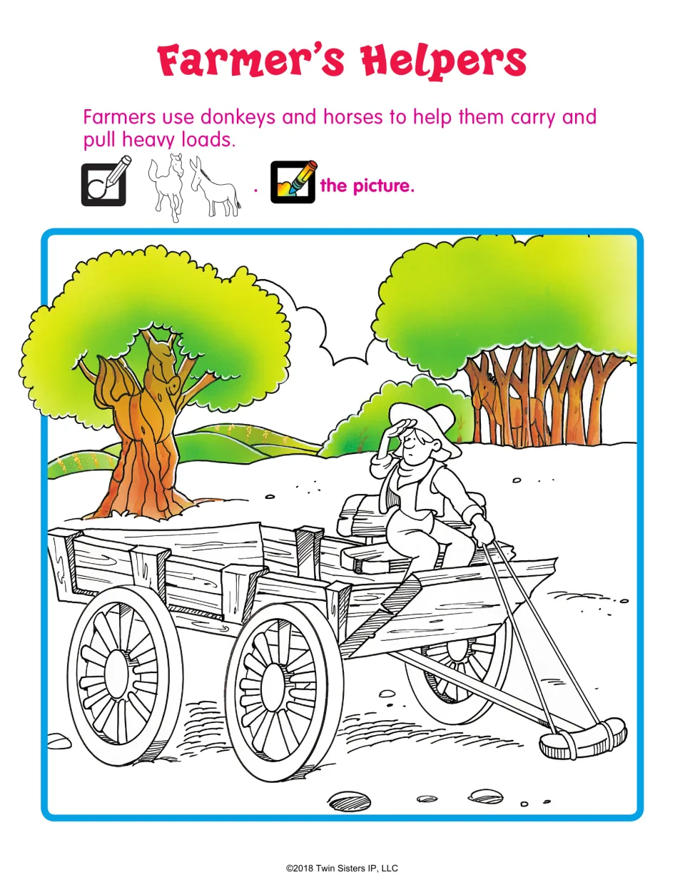 Farmer's Helpers: students circle a hidden horse and donkey in a scene of a farmer on a wagon, then color the picture