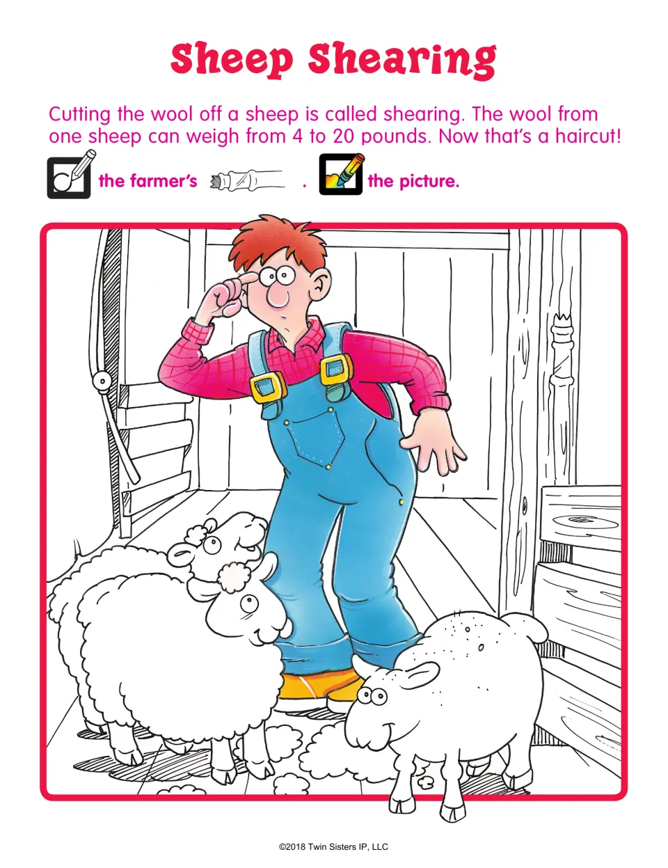 Sheep Shearing: students find and circle the farmer's hidden shears in a barn scene with sheep, then color it in