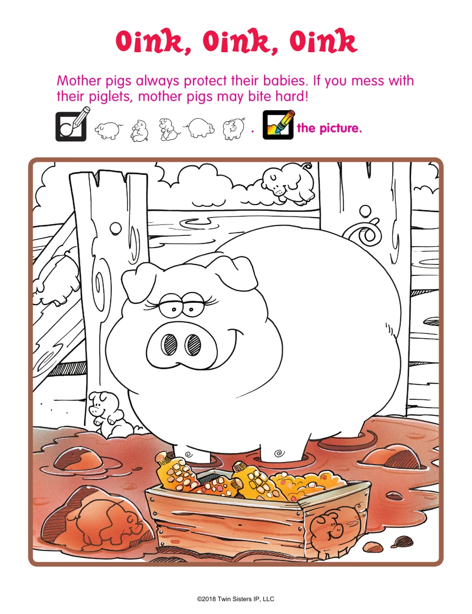 Oink, Oink, Oink: students circle five hidden piglets around a mother pig in a muddy pen, then color the picture