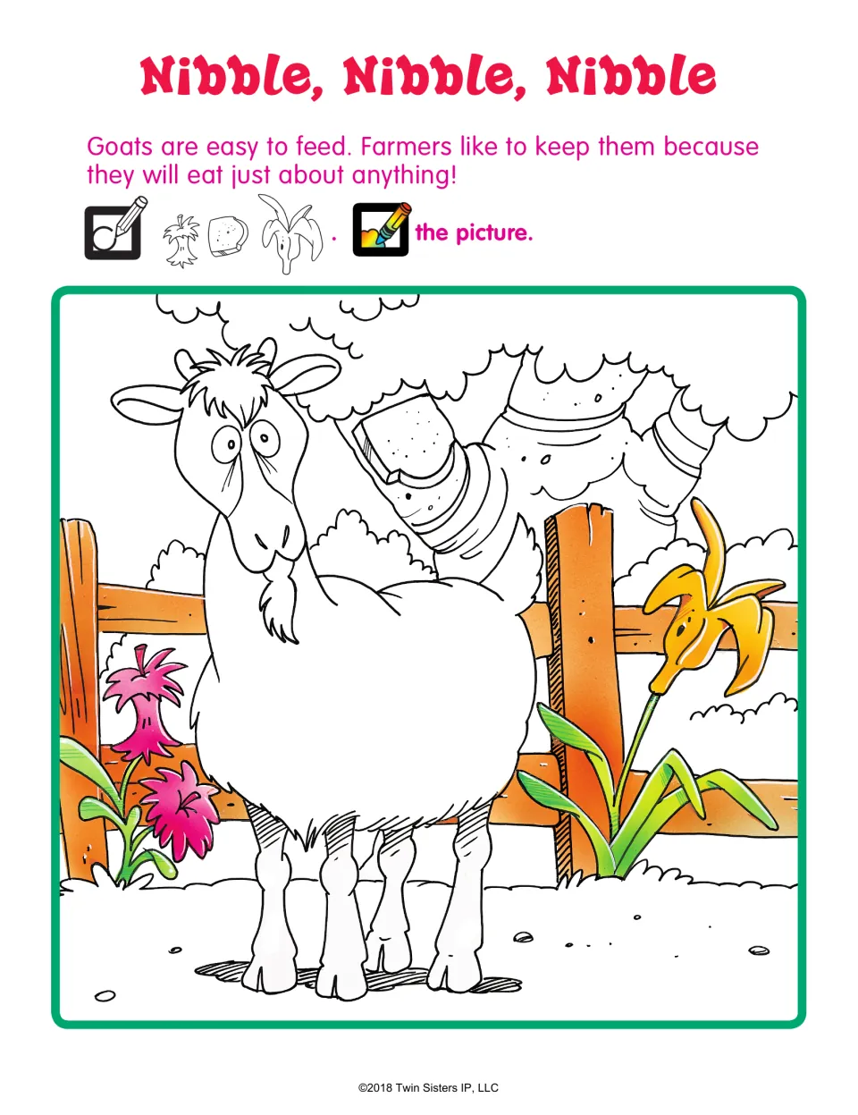 Nibble, Nibble, Nibble: students circle an apple core, bread slice and banana peel hidden near a goat, then color